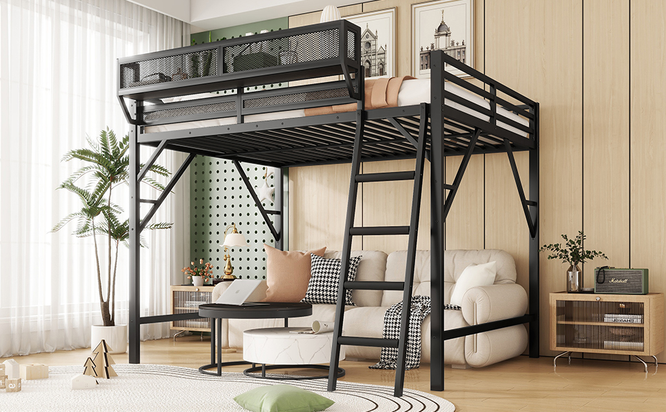 Metal Full Size Loft Bed With Ladder and Storage Shelves