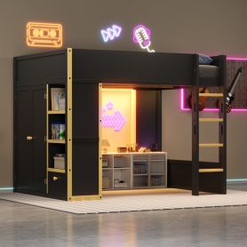Queen Size Loft Bed with Cabinet, Storage Shelves and Drawer, LED Strip
