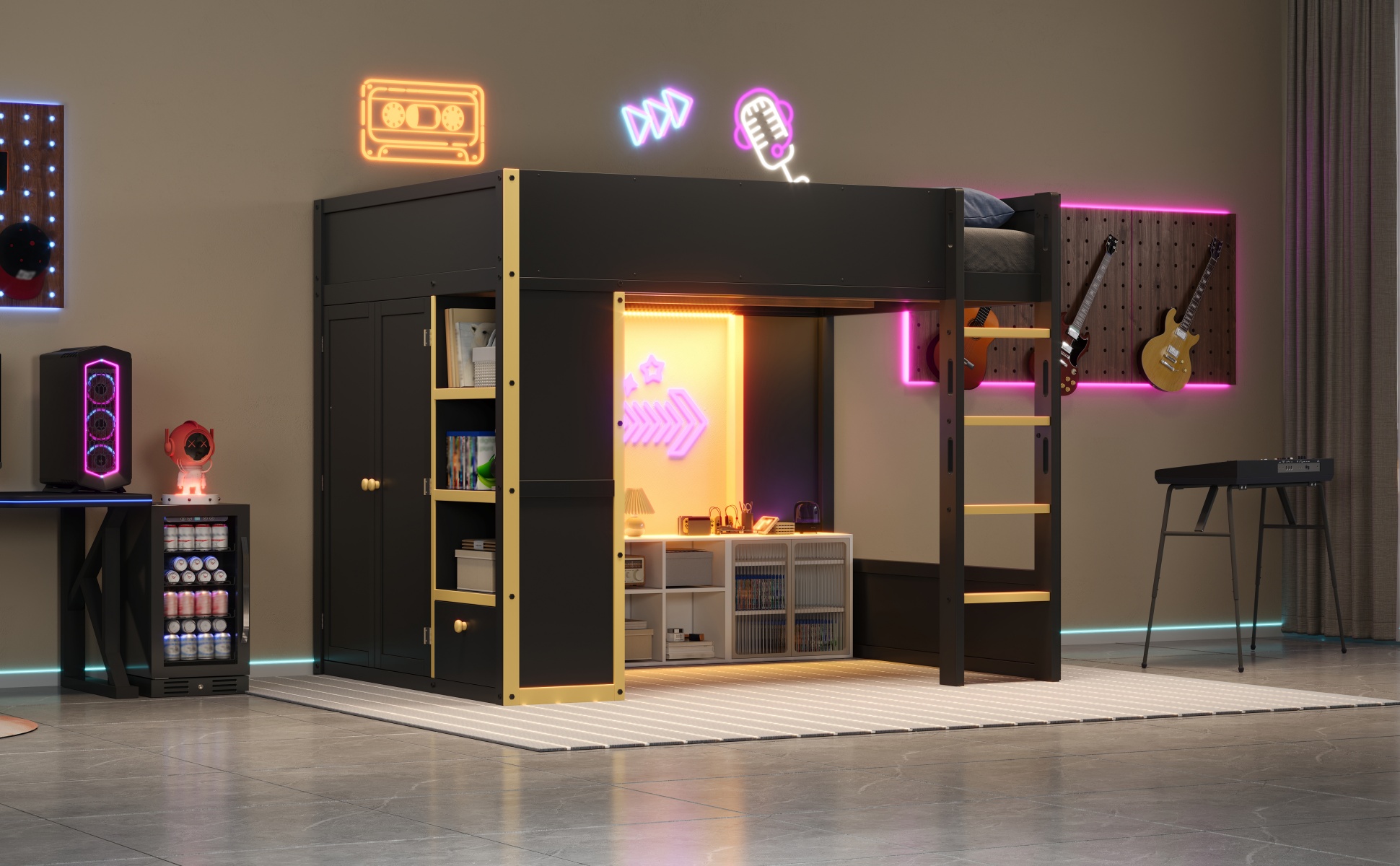 Queen Size Loft Bed with Cabinet, Storage Shelves and Drawer, LED Strip