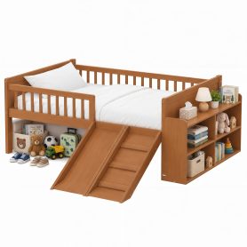 Platform Full Size Bed with Storage Shelf, Guardrail, Slide and Ladder