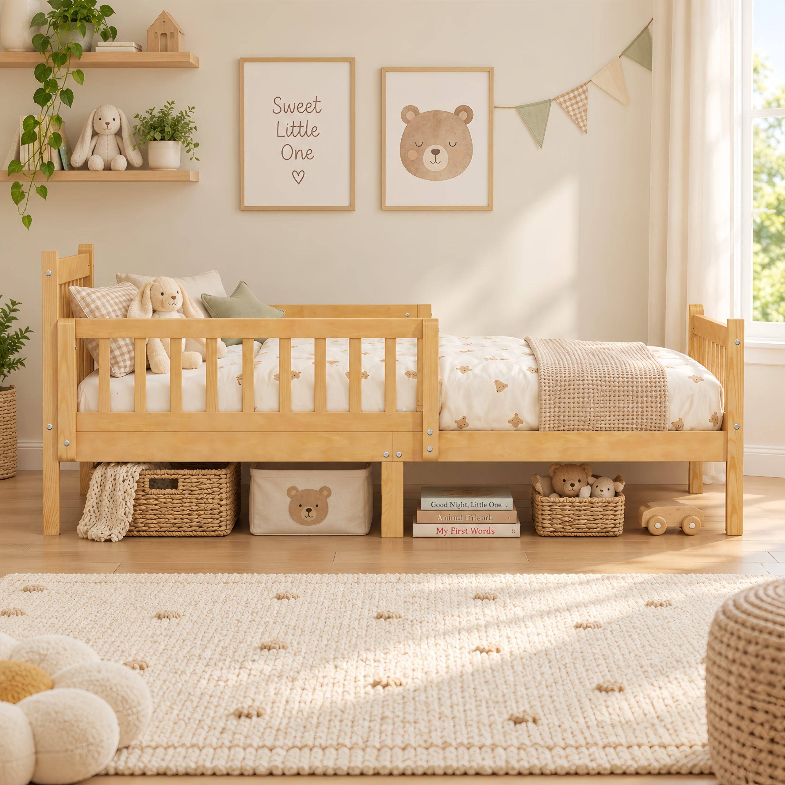 Twin Size Bed Frame With Removable Safety Guardrails
