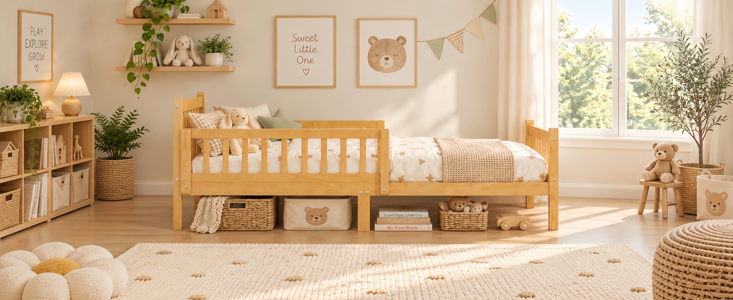 Twin Size Bed Frame With Removable Safety Guardrails