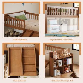 Platform Full Size Bed with Storage Shelf, Guardrail, Slide and Ladder