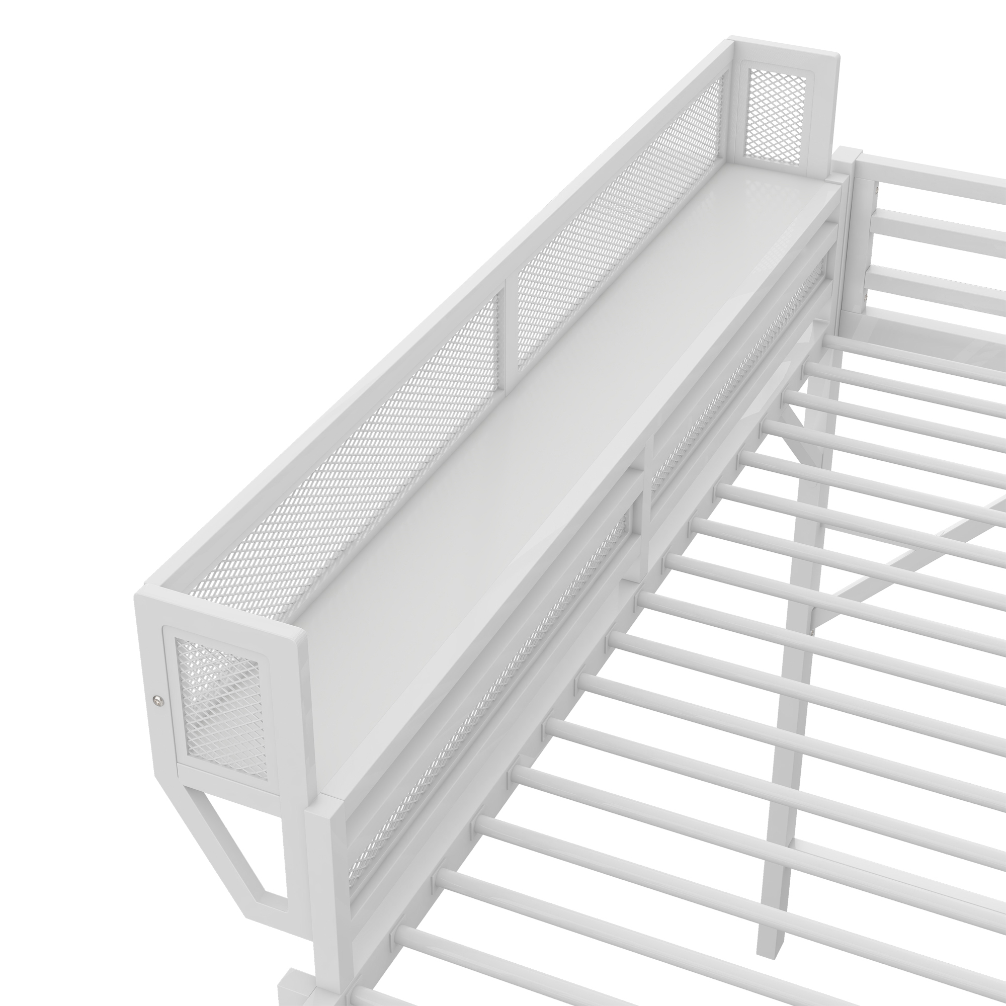Metal Queen Size Loft Bed With Ladder and Storage Shelves