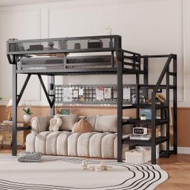 Metal Full Loft Bed with Light and Storage and Charging Station