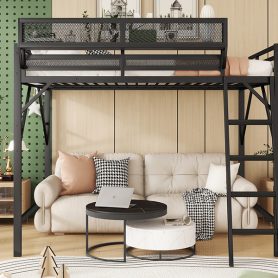 Metal Full Size Loft Bed With Ladder and Storage Shelves