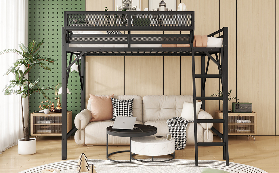 Metal Full Size Loft Bed With Ladder and Storage Shelves