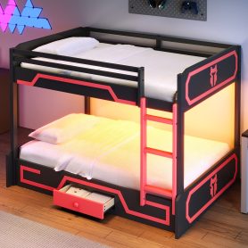 Full over Full Bunk Bed with LED Light Strip, Drawer and Ladder
