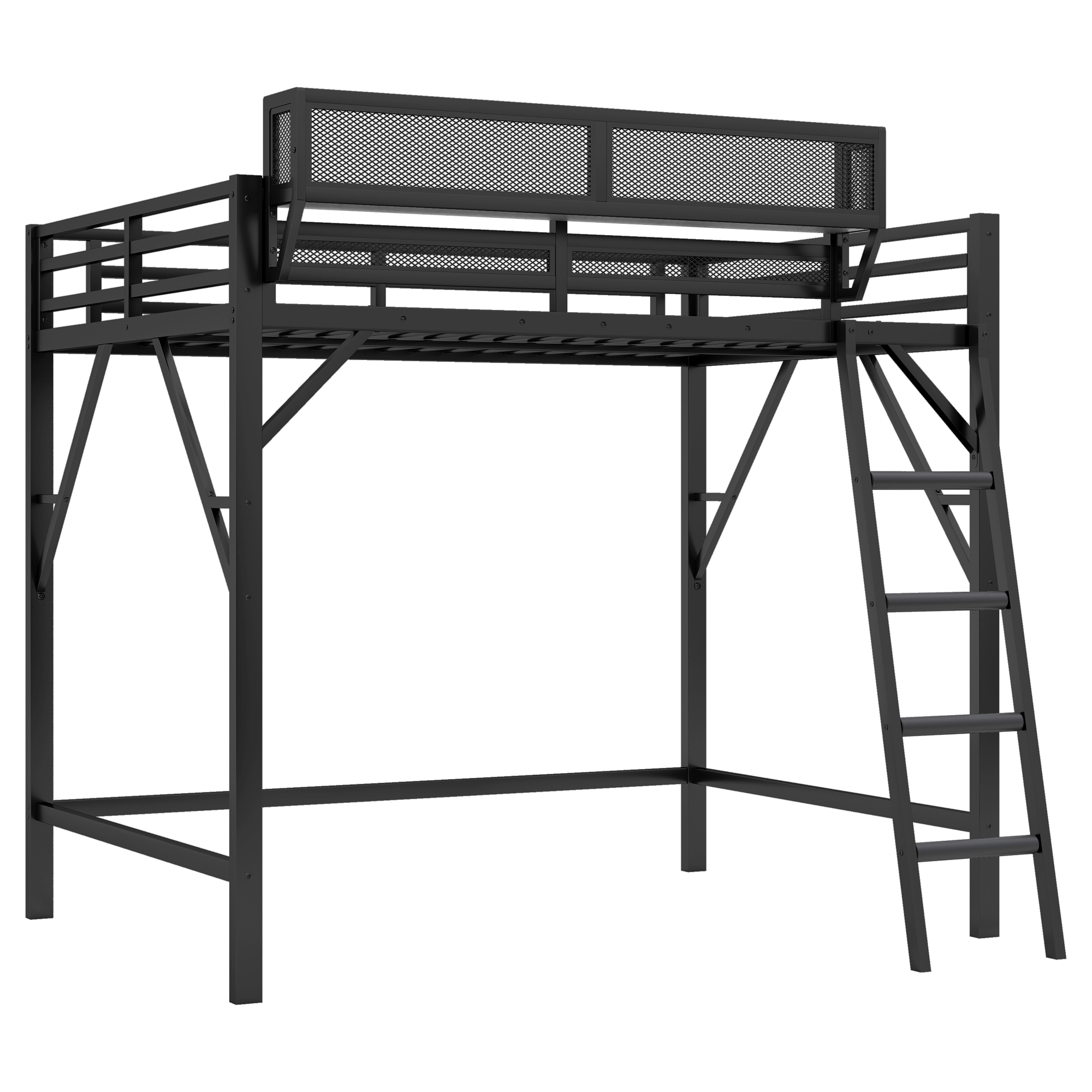 Metal Full Size Loft Bed With Ladder and Storage Shelves