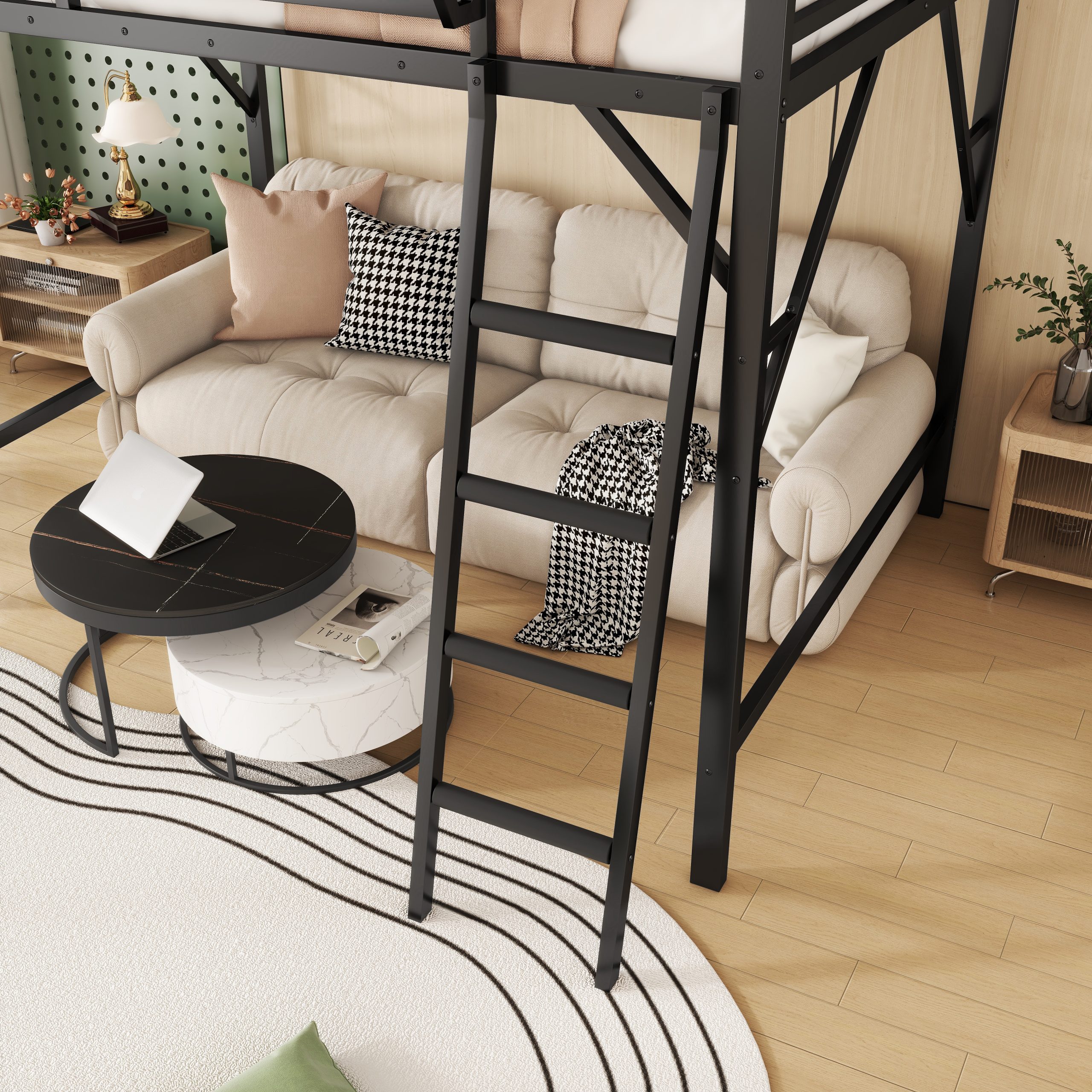 Metal Full Size Loft Bed With Ladder and Storage Shelves