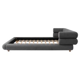 Queen Size Upholstered Platform Bed Frame with Unique Layered Bolster Headboard