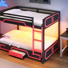 Full over Full Bunk Bed with LED Light Strip, Drawer and Ladder