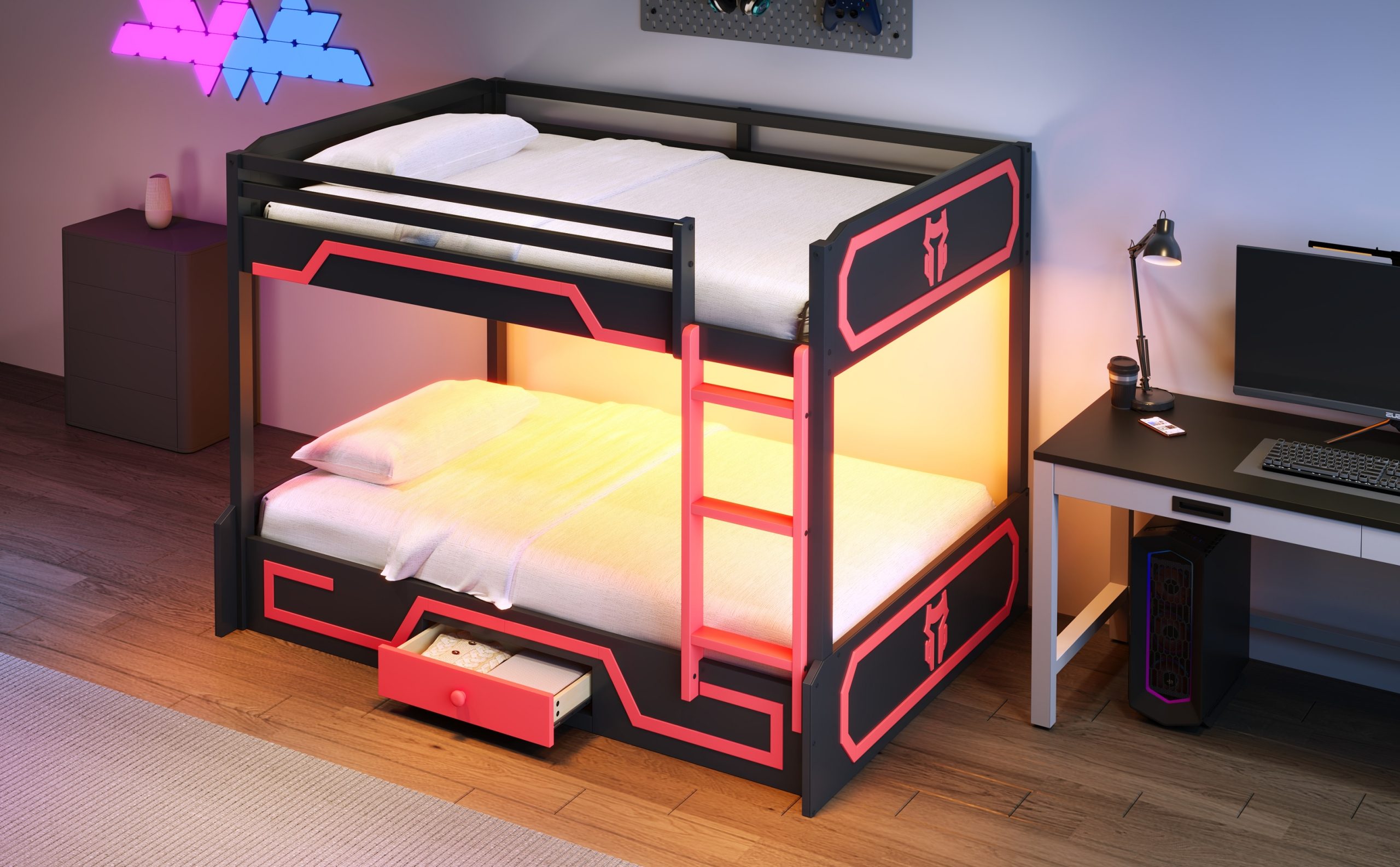 Full over Full Bunk Bed with LED Light Strip, Drawer and Ladder