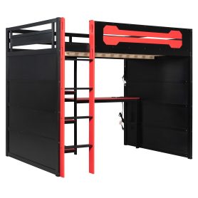 Full Size Wooden Gaming Loft Bed with Storage Shelves, Desk, USB & Power Outlet, and LED Light