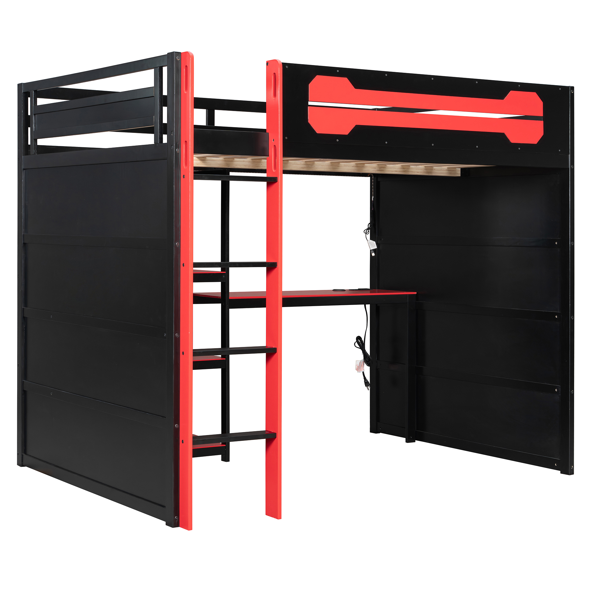Full Size Wooden Gaming Loft Bed with Storage Shelves, Desk, USB & Power Outlet, and LED Light