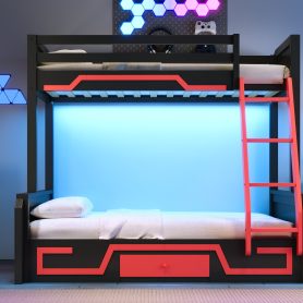 Twin over Full Bunk Bed with LED Light Strip, Drawer and Ladder
