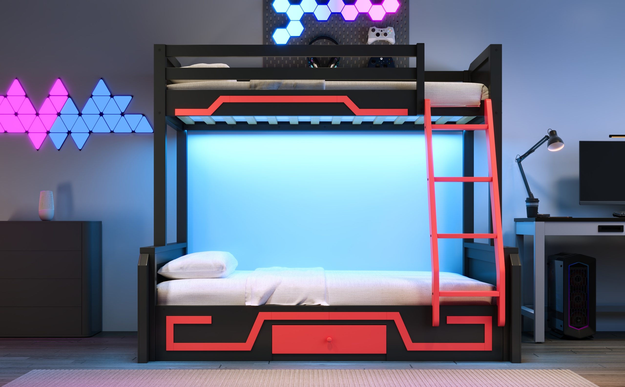 Twin over Full Bunk Bed with LED Light Strip, Drawer and Ladder