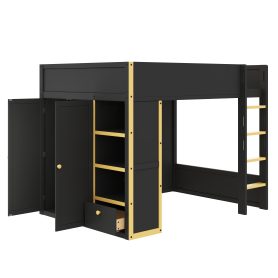 Queen Size Loft Bed with Cabinet, Storage Shelves and Drawer, LED Strip