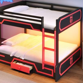 Queen over Queen Bunk Bed with LED Light Strip, Drawer and Ladder