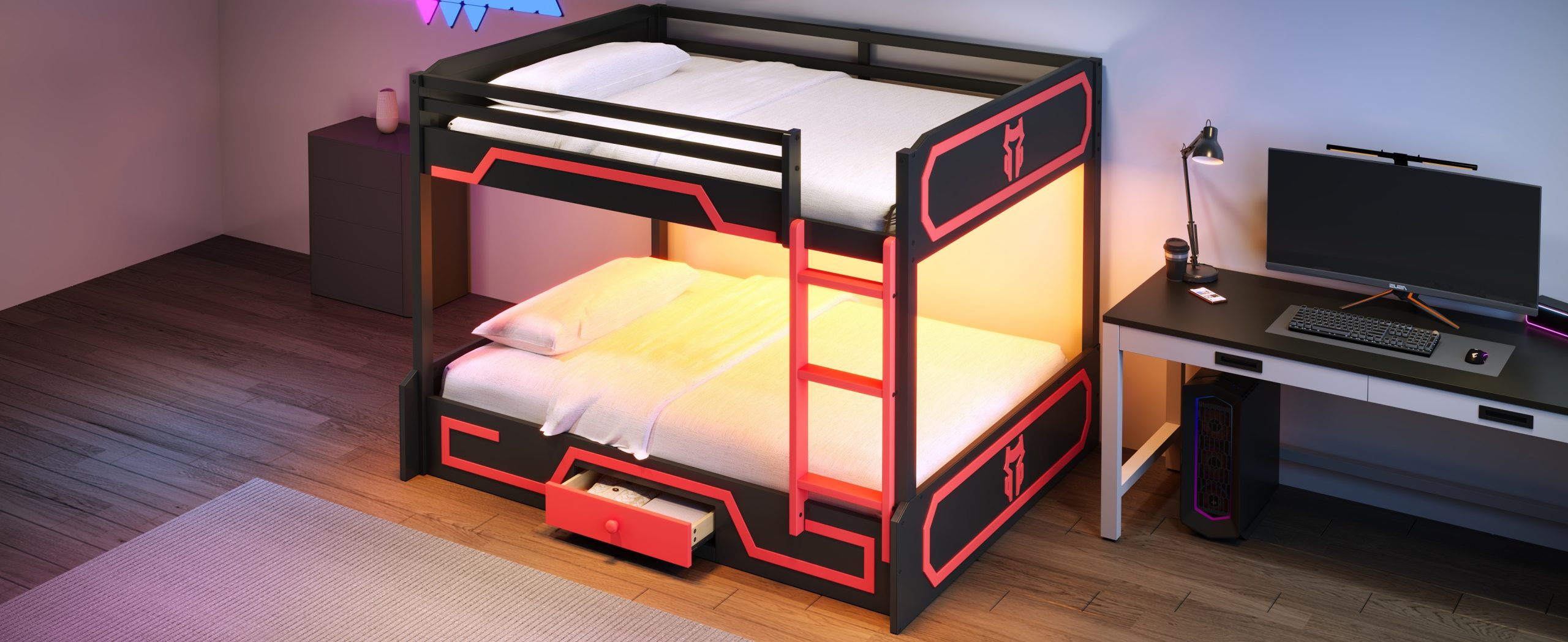 Queen over Queen Bunk Bed with LED Light Strip, Drawer and Ladder