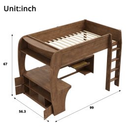 Full Size Loft Bed with L- Shape Desk, Storage Shelves, LED and Charging Station