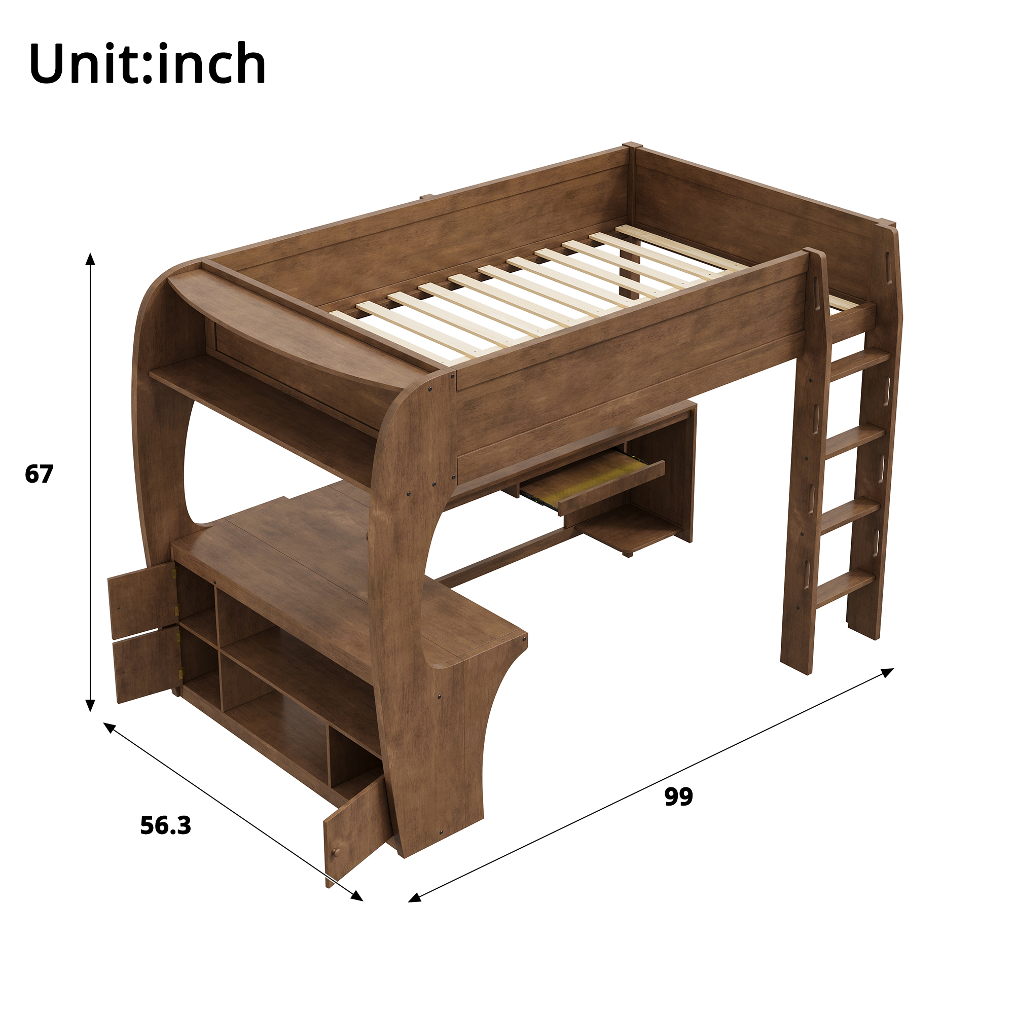 Full Size Loft Bed with L- Shape Desk, Storage Shelves, LED and Charging Station