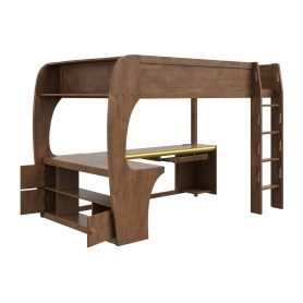 Full Size Loft Bed with L- Shape Desk, Storage Shelves, LED and Charging Station