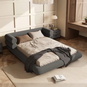 Queen Size Upholstered Platform Bed Frame with Unique Layered Bolster Headboard