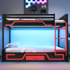 Queen over Queen Bunk Bed with LED Light Strip, Drawer and Ladder
