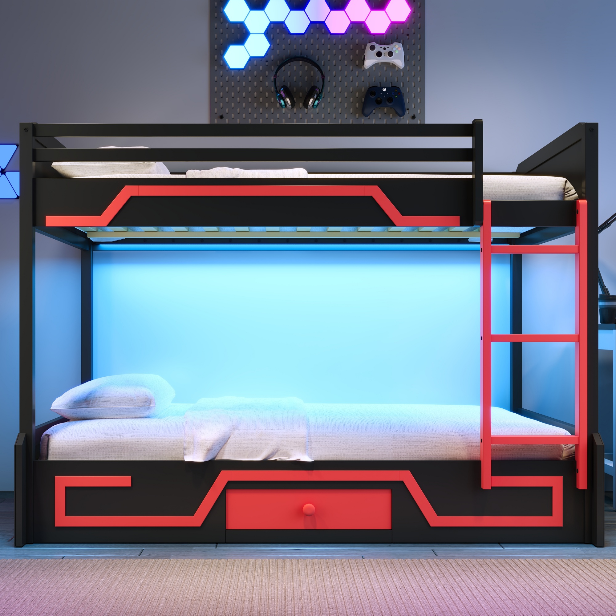 Queen over Queen Bunk Bed with LED Light Strip, Drawer and Ladder