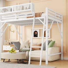 Metal Queen Size Loft Bed With Ladder and Storage Shelves