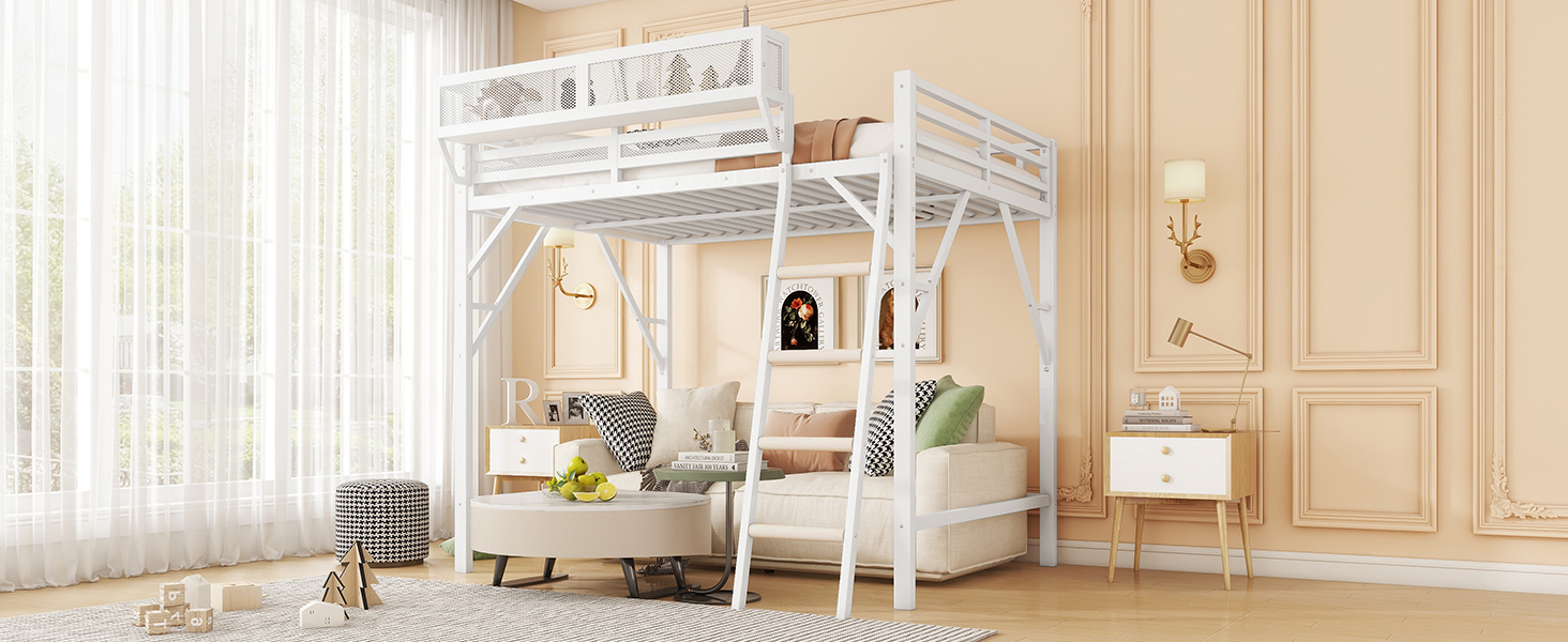 Metal Queen Size Loft Bed With Ladder and Storage Shelves