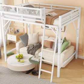 Metal Queen Size Loft Bed With Ladder and Storage Shelves