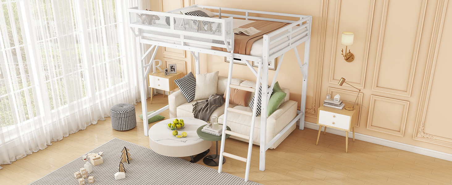 Metal Queen Size Loft Bed With Ladder and Storage Shelves
