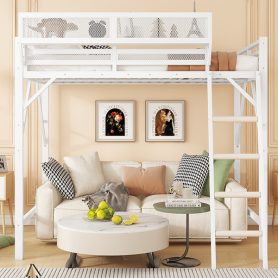 Metal Queen Size Loft Bed With Ladder and Storage Shelves