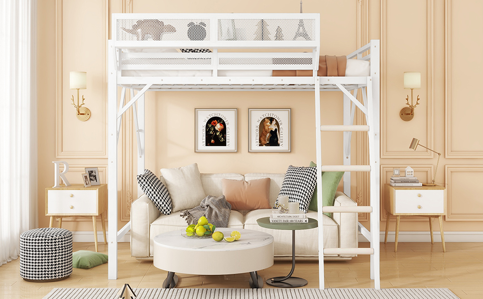 Metal Queen Size Loft Bed With Ladder and Storage Shelves
