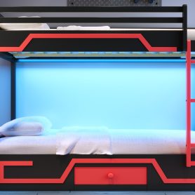 Queen over Queen Bunk Bed with LED Light Strip, Drawer and Ladder