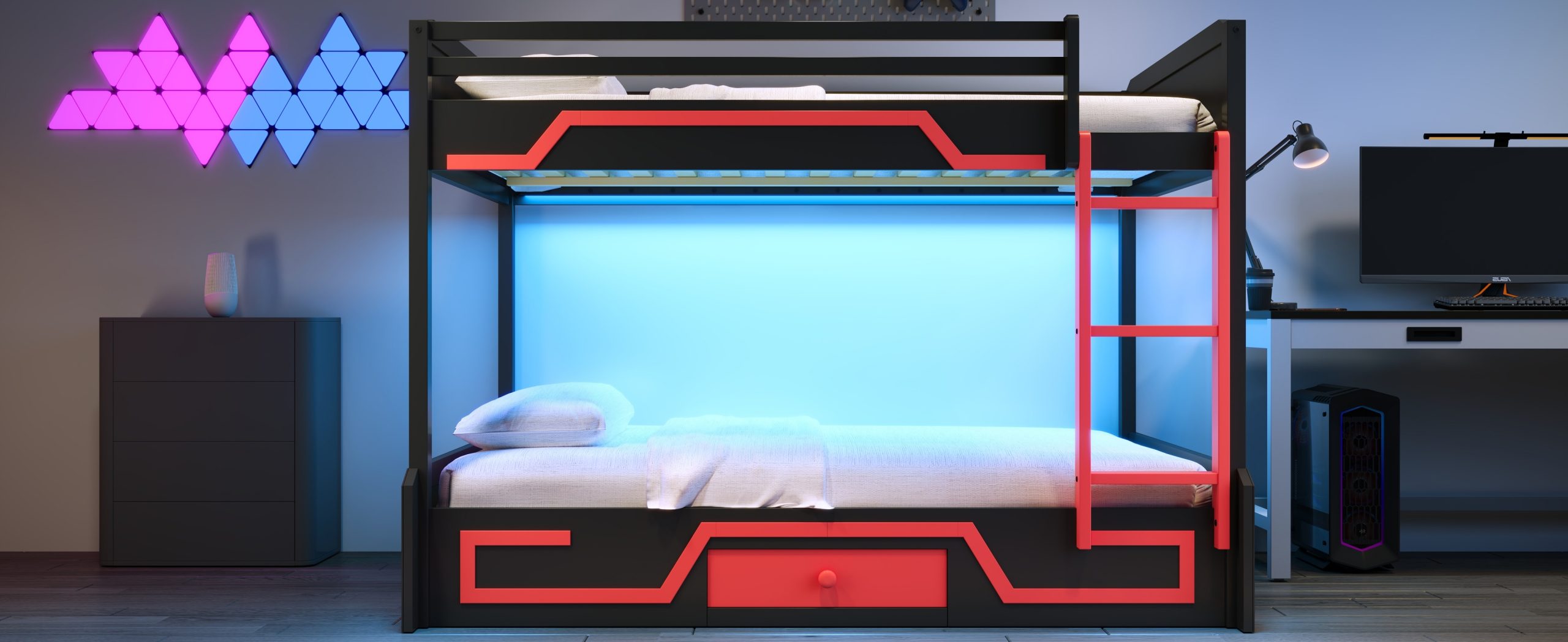 Queen over Queen Bunk Bed with LED Light Strip, Drawer and Ladder