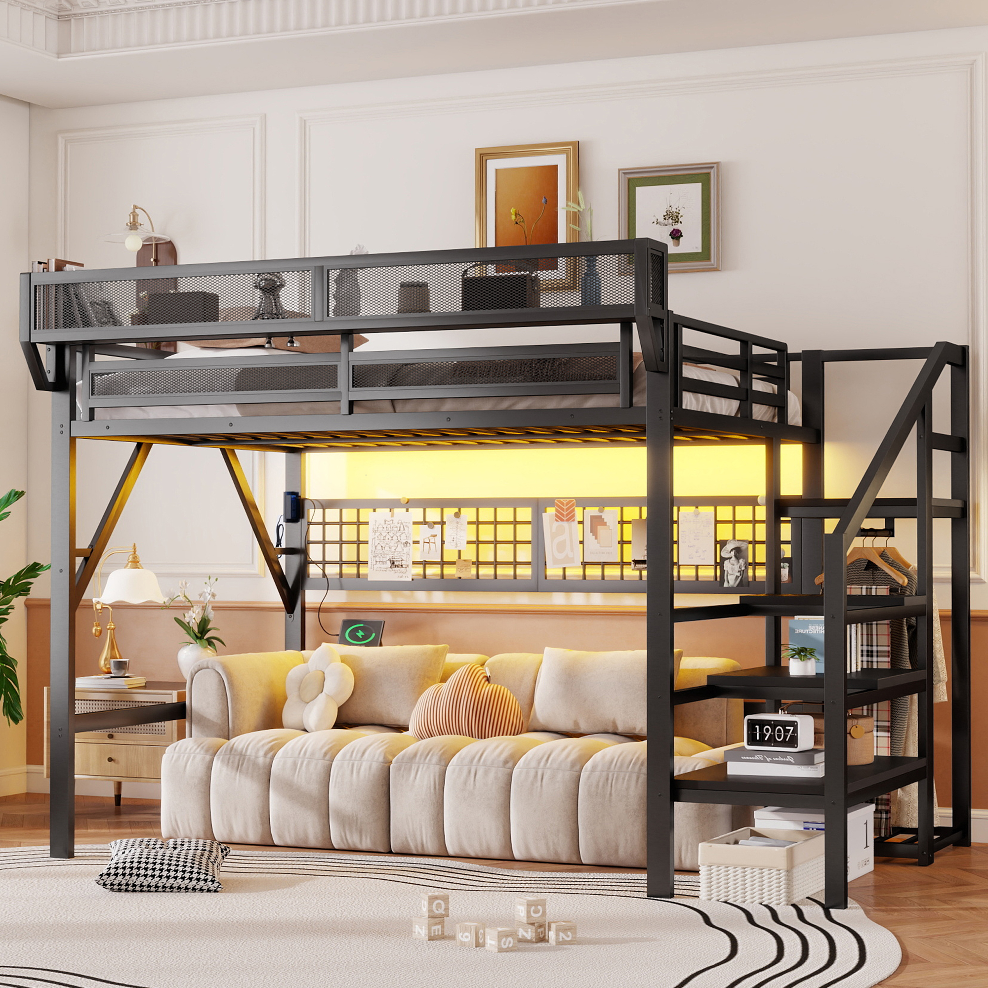 Metal Full Loft Bed with Light and Storage and Charging Station