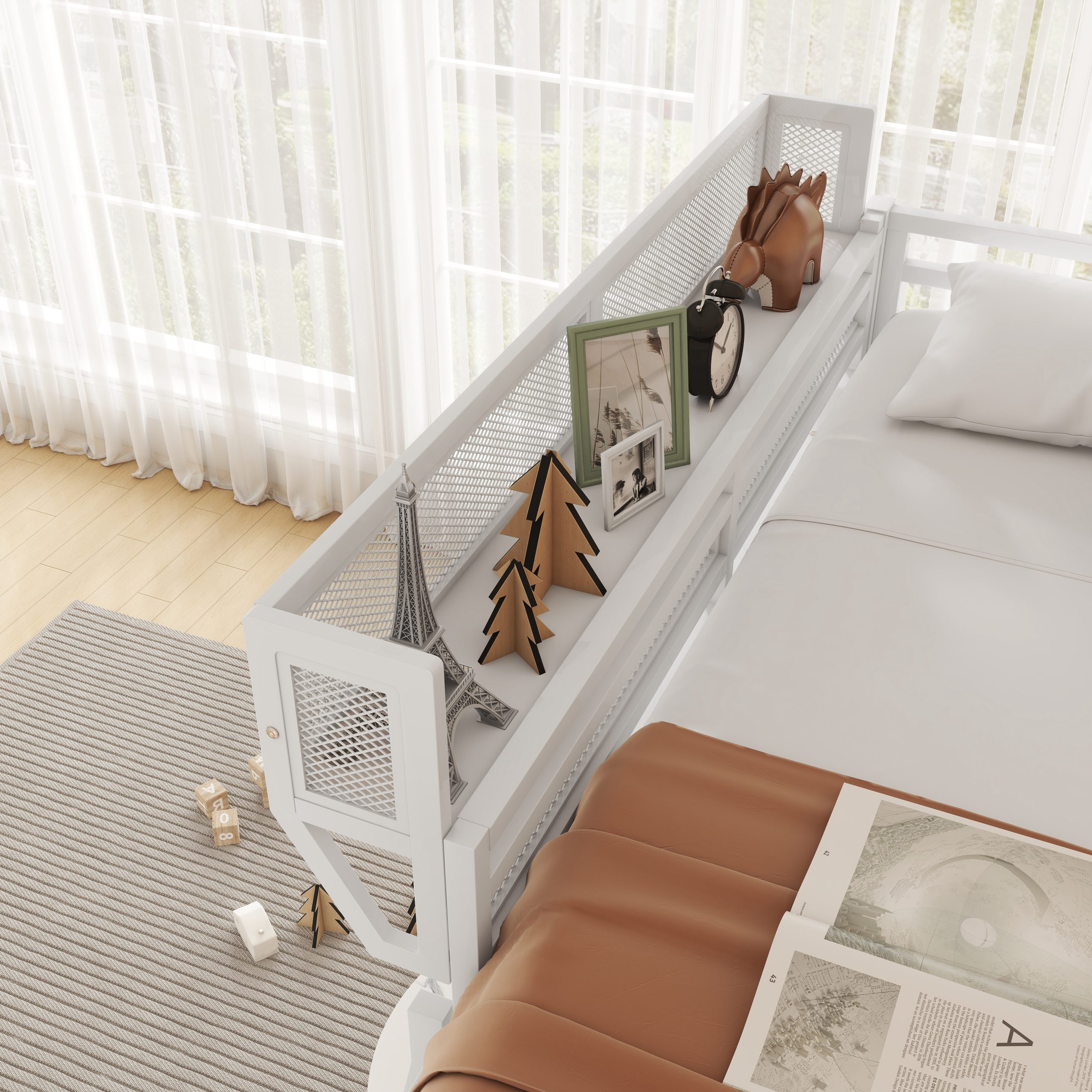Metal Queen Size Loft Bed With Ladder and Storage Shelves