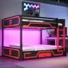 Queen over Queen Bunk Bed with LED Light Strip, Drawer and Ladder