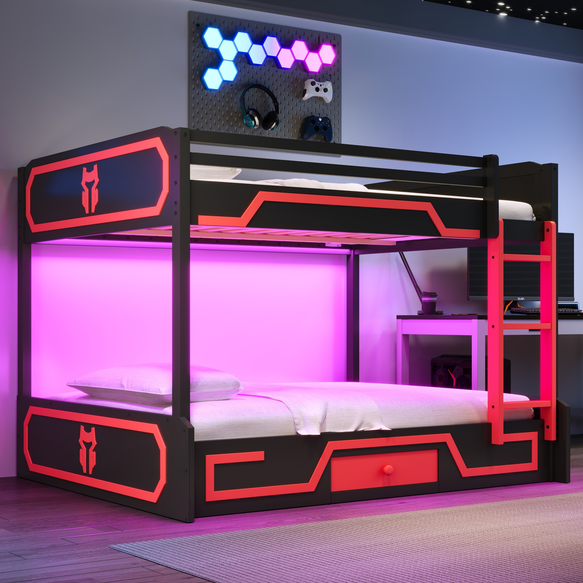 Queen over Queen Bunk Bed with LED Light Strip, Drawer and Ladder
