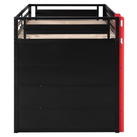 Full Size Wooden Gaming Loft Bed with Storage Shelves, Desk, USB & Power Outlet, and LED Light
