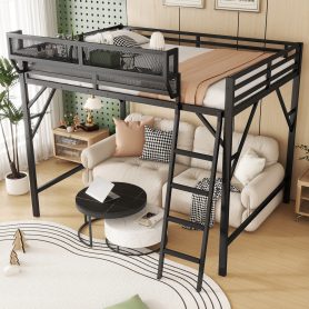 Metal Full Size Loft Bed With Ladder and Storage Shelves