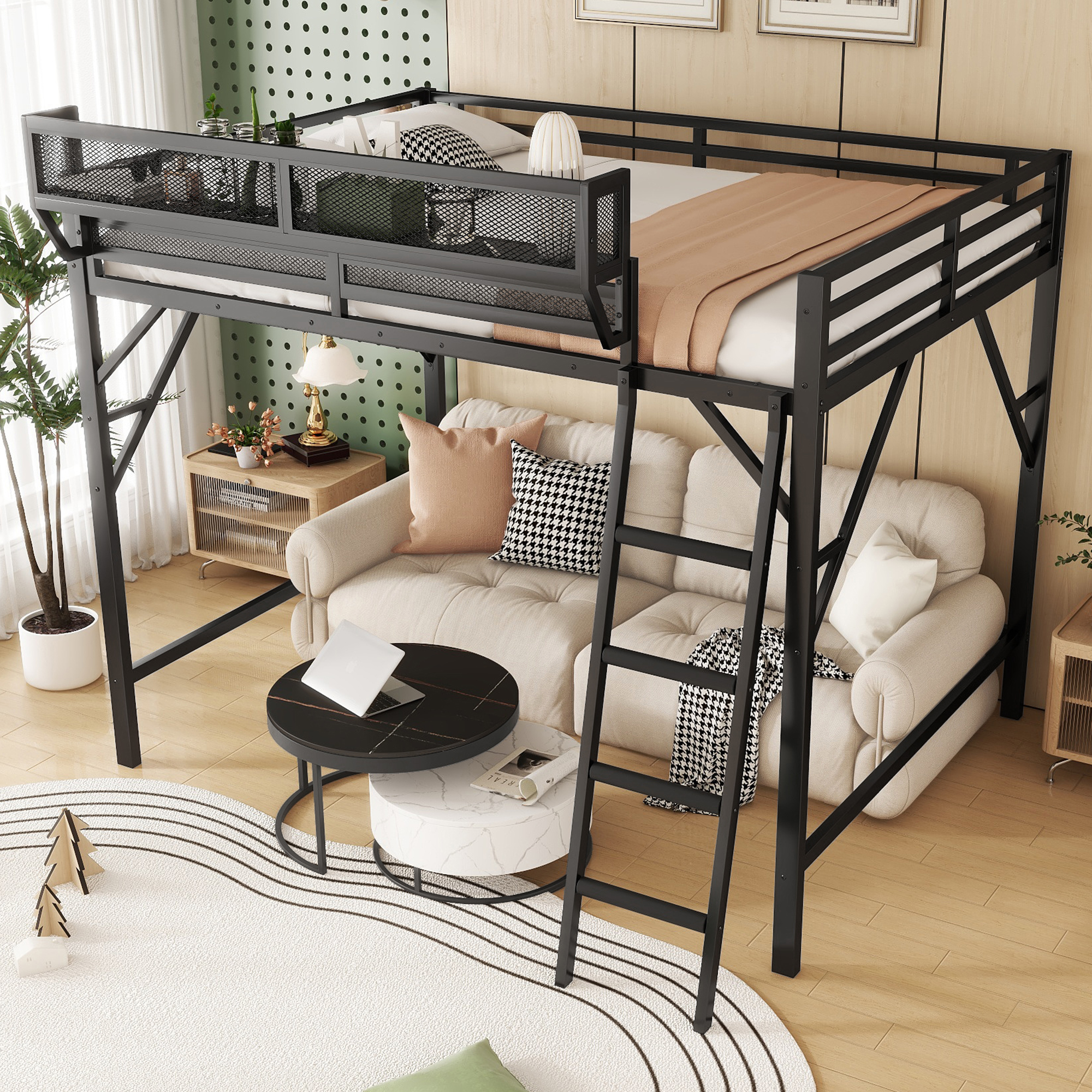 Metal Full Size Loft Bed With Ladder and Storage Shelves