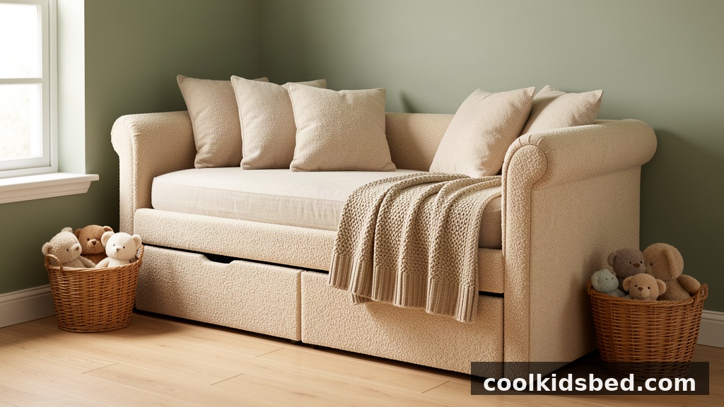 Beige chenille upholstered daybed with trundle in a child's bedroom