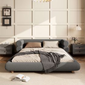 Queen Size Upholstered Platform Bed Frame with Unique Layered Bolster Headboard