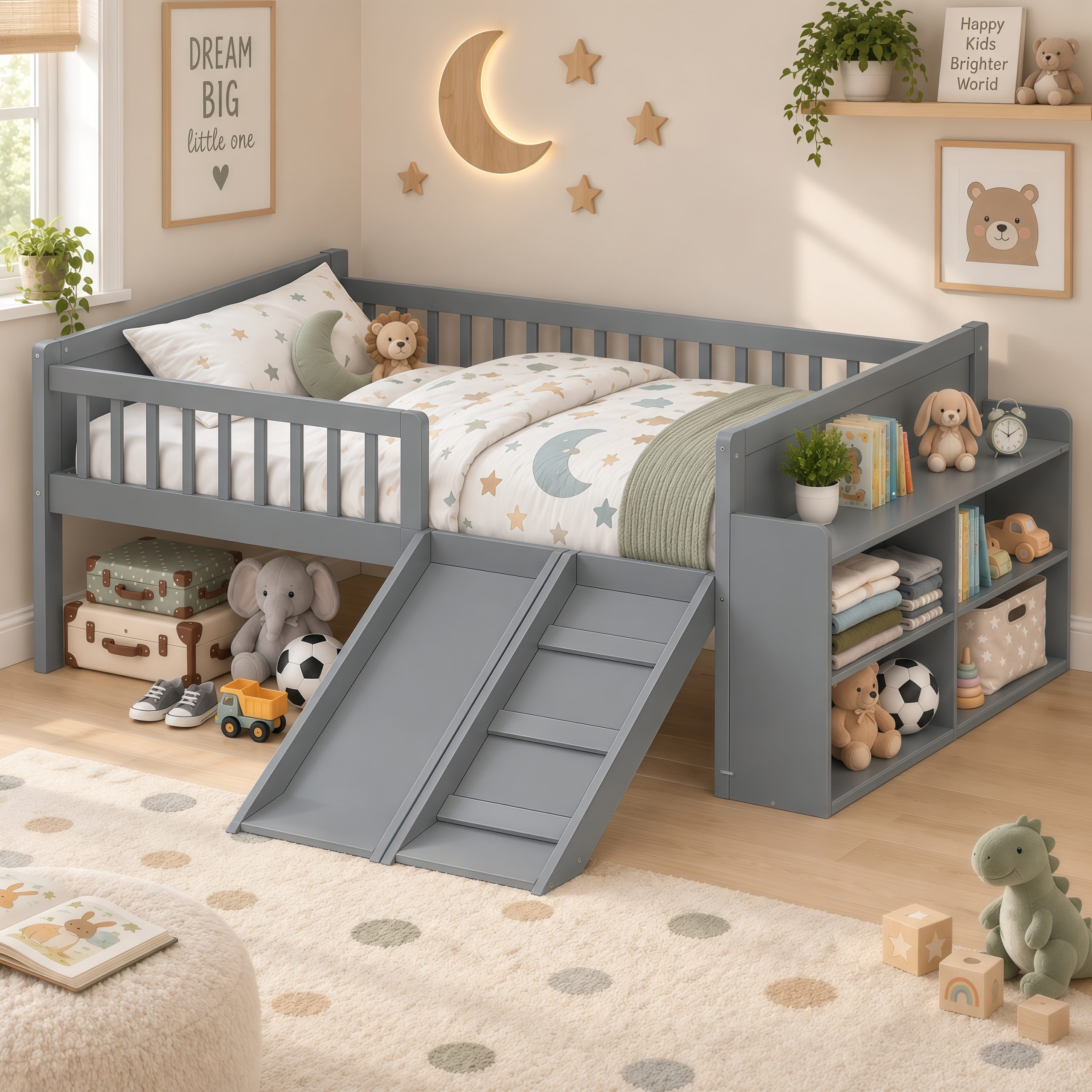 Platform Full Size Bed with Storage Shelf, Guardrail, Slide and Ladder
