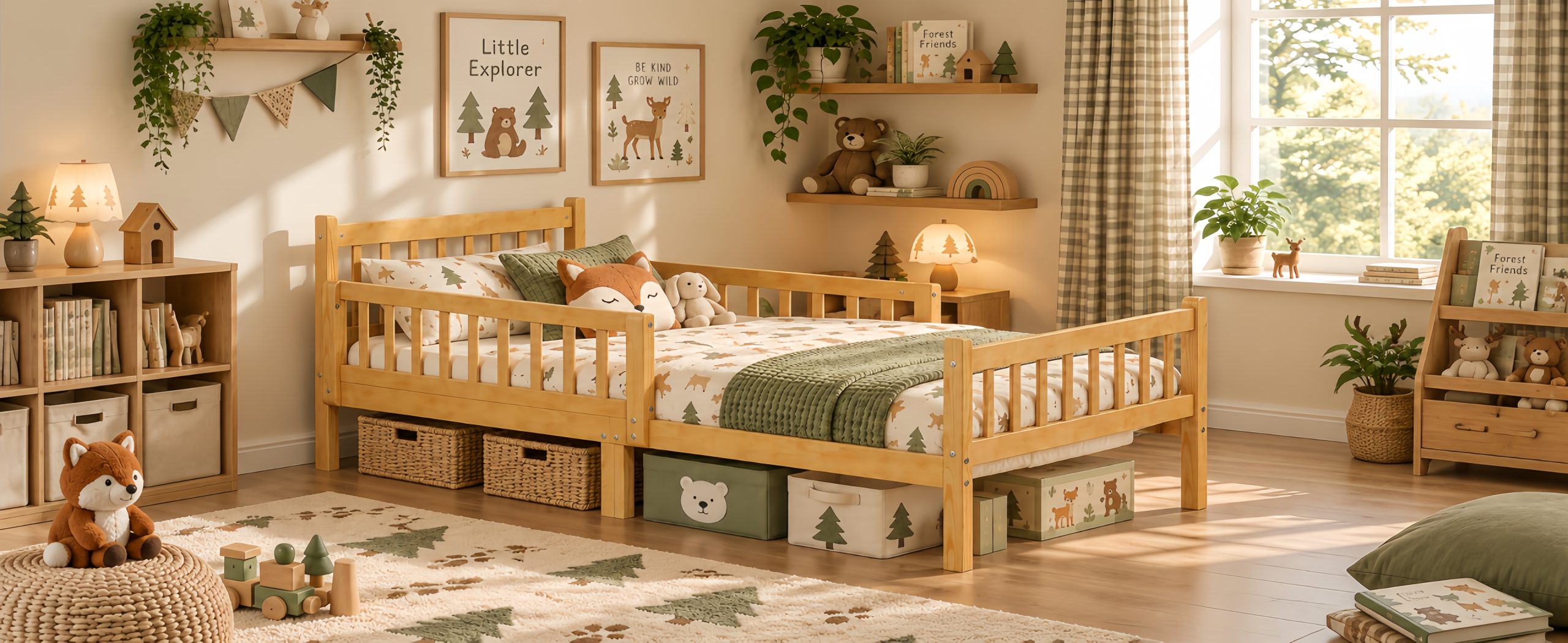 Twin Size Bed Frame With Removable Safety Guardrails