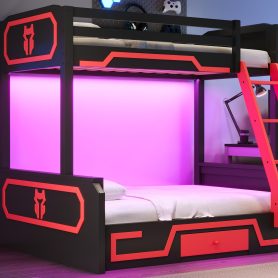 Twin over Full Bunk Bed with LED Light Strip, Drawer and Ladder